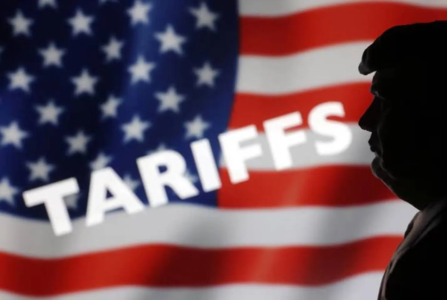 مجسّم مصغر مطبوع بتقنية ثلاثية الأبعاد للرئيس دونالد ترمب وعلم الولايات المتحدة وكلمة «الرسوم الجمركية» في هذا الرسم التوضيحي (رويترز)