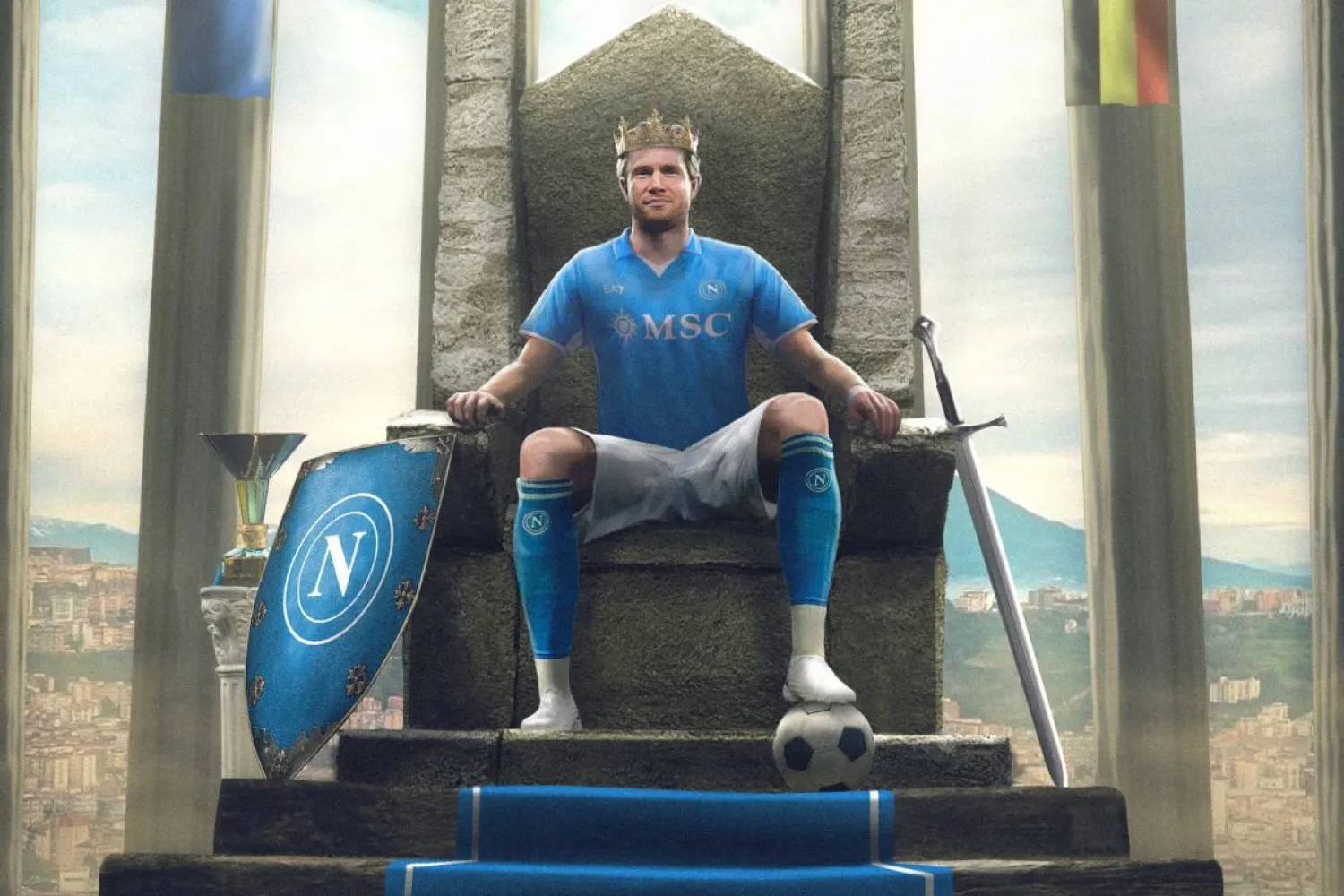 بصورة مهيبة نشرها نادي نابولي عبر حساباته على منصة «إكس» ظهر دي بروين مرتدياً تاجاً ذهبياً وتحتها عبارة «الملك كيفين هنا» (غيتي)