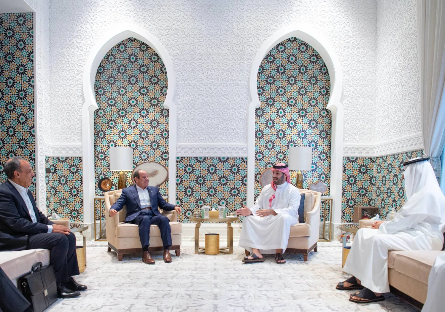 جانب من لقاء الأمير محمد بن سلمان والرئيس عبد الفتاح السيسي في قصر نيوم الخميس (واس)