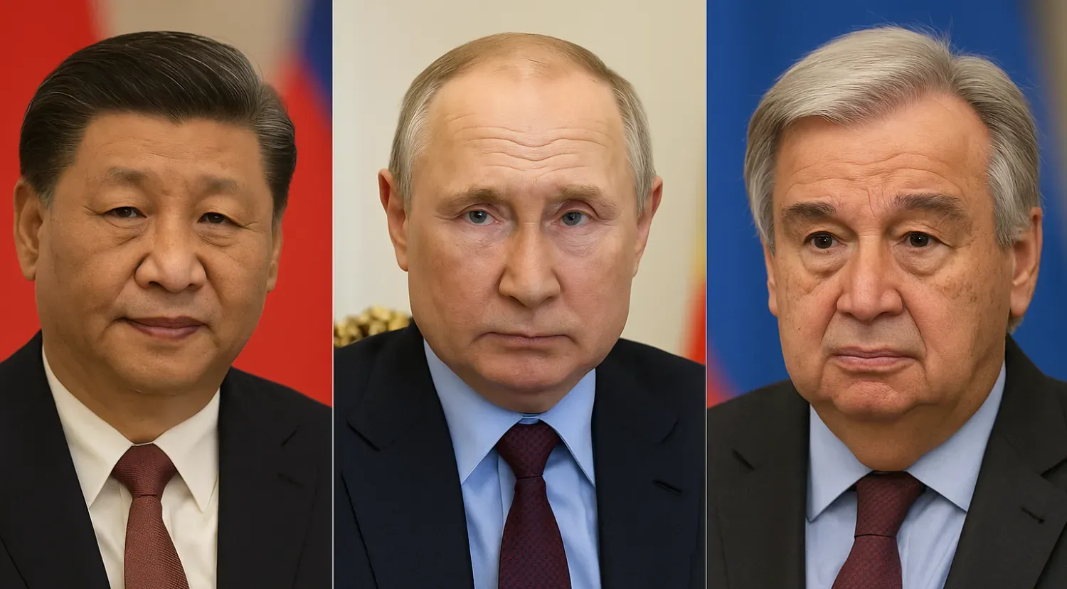 Çin Devlet Başkanı Şi Cinping, Rusya Devlet Başkanı Vladimir Putin ve Birleşmiş Milletler Genel Sekreteri António Guterres, (Şarkul’l Avsat)