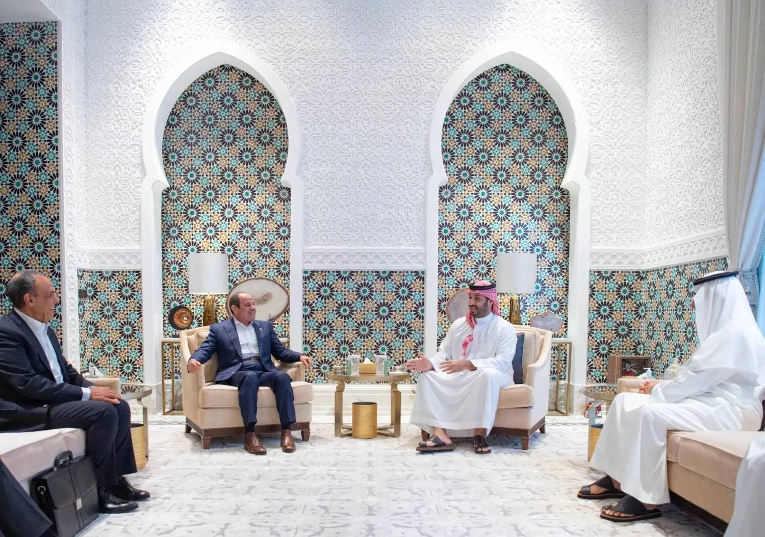 Crown Prince Mohammed bin Salman and President Abdel Fattah al-Sisi at NEOM Palace on Thursday (SPA). 