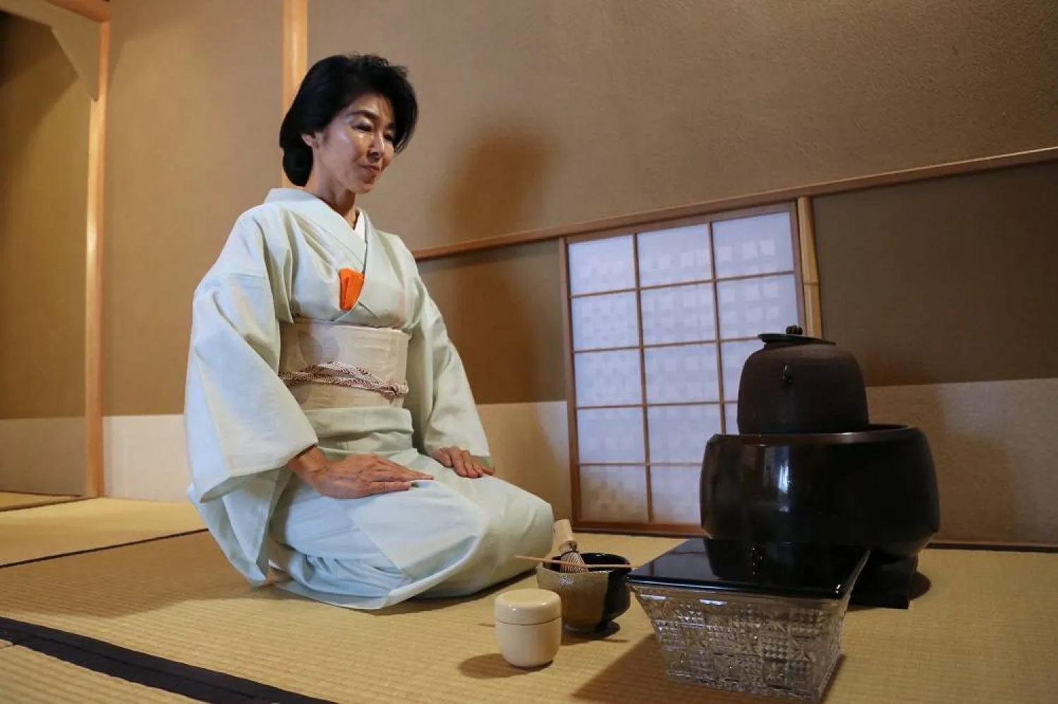 Tea ceremony master Keiko Kaneko demonstrates the tea ceremony at her tea house in Tokyo, Aug. 8, 2025. (AP) 