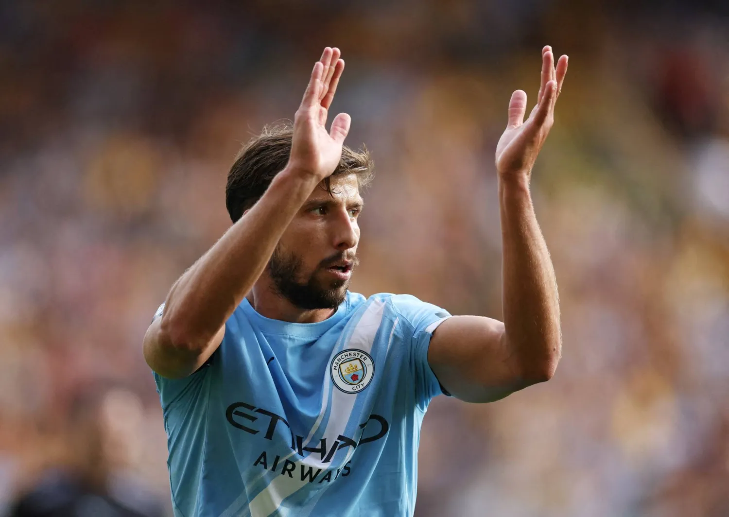 FILE PHOTO: Soccer Football - Premier League - Wolverhampton Wanderers v Manchester City - Molineux Stadium, Wolverhampton, Britain - August 16, 2025 Manchester City's Ruben Dias reacts REUTERS/Chris Radburn