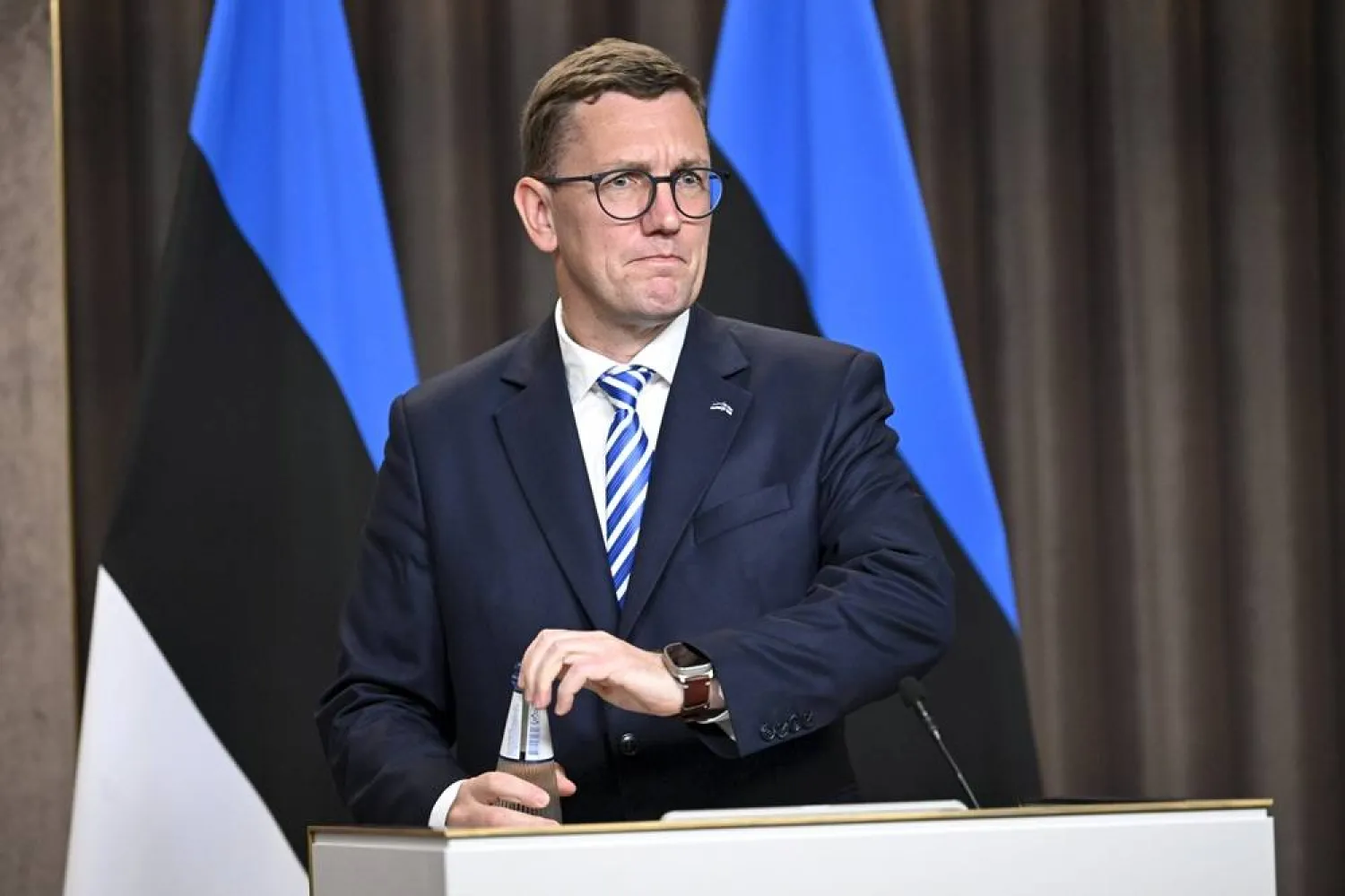  22 August 2025, Estonia, Tallinn: Estonian Prime Minister Kristen Michal speaks during a press conference with Finland's Prime Minister Petteri Orpo after their meeting. (dpa)