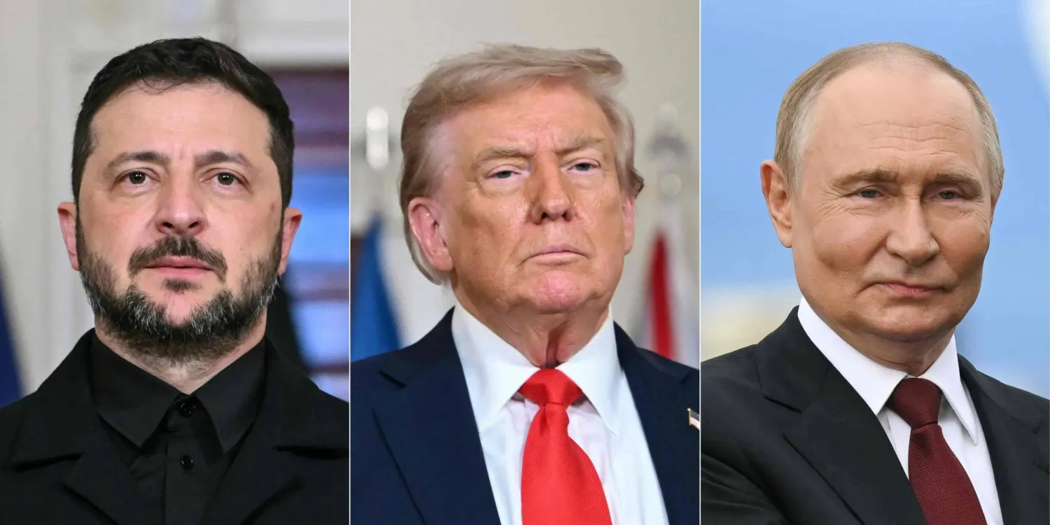 (COMBO) This combination of pictures created on August 18, 2025 shows US President Donald Trump and Ukrainian President Volodymyr Zelensky in Washington, DC, on August 18, 2025 and Russian President Vladimir Putin in Anchorage, Alaska, on August 15, 2025. (Photo by ANDREW CABALLERO-REYNOLDS / AFP)