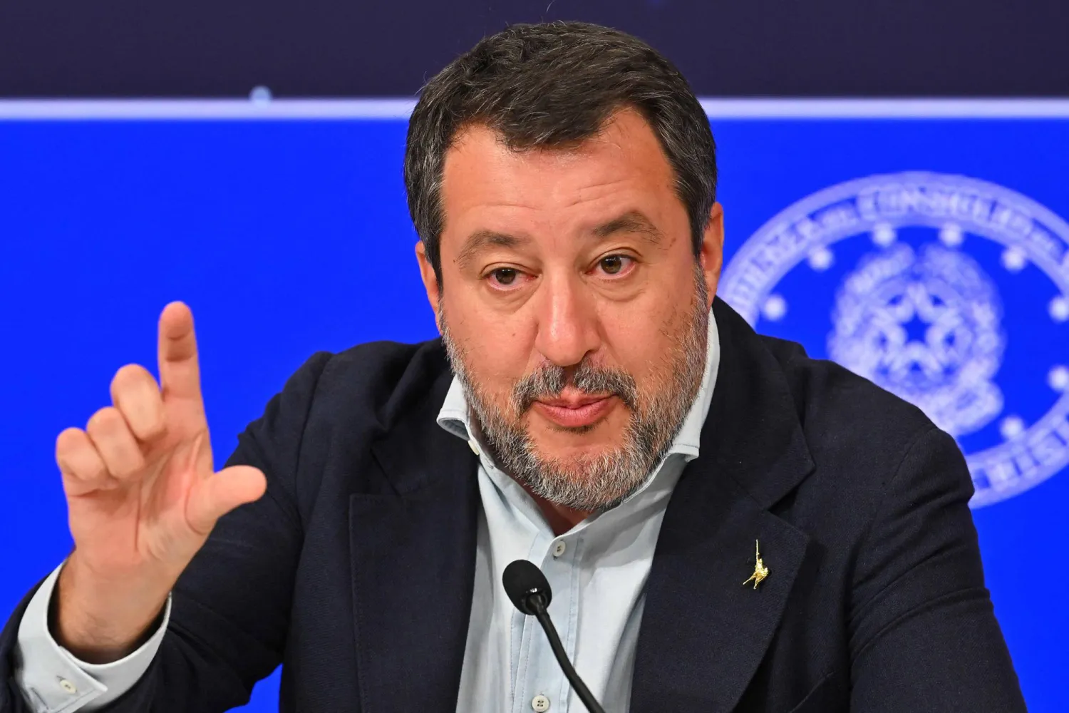 Italy's Infrastructure Minister and Deputy Prime Minister Matteo Salvini speaks during a press conference to announce the approval of the state-funded bridge over the Strait of Messina, after a meeting at Palazzo Chigi in Rome on August 6, 2025. (Photo by Andreas SOLARO / AFP)