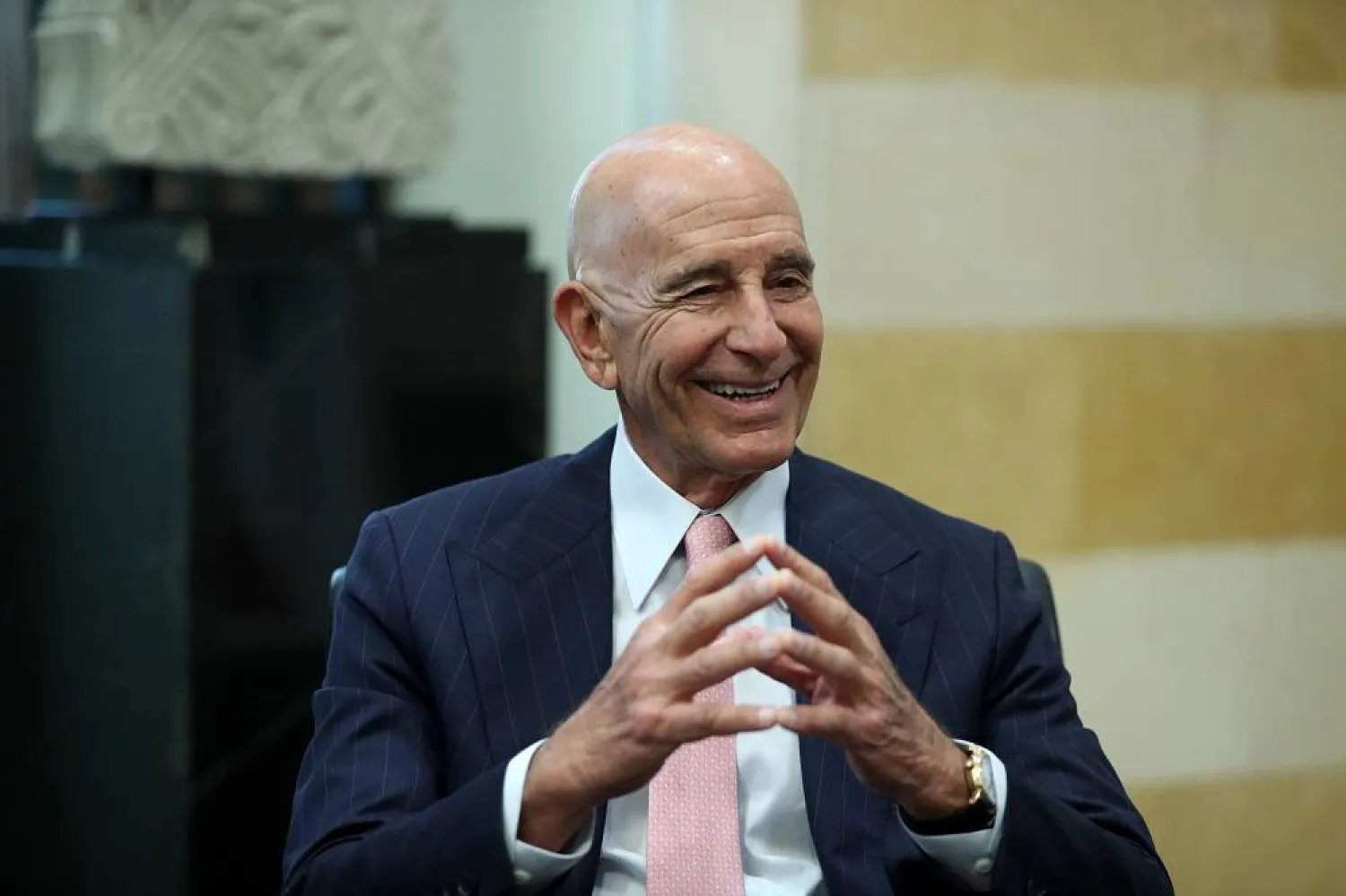 US Ambassador to Türkiye and Special Envoy to Syria, Tom Barrack, smiles during a meeting with Lebanese Prime Minister Nawaf Salam at the government palace in Beirut, Lebanon, 18 August 2025. (EPA) 