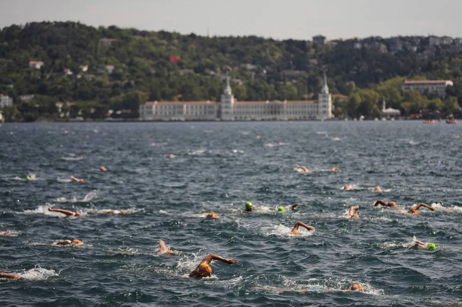 Competitors take part in a 6.5 km swimming race across the Bosphorus Strait, from the Asian side to the European side, in Istanbul, Türkiye, Sunday, Aug. 24, 2025. (AP) 