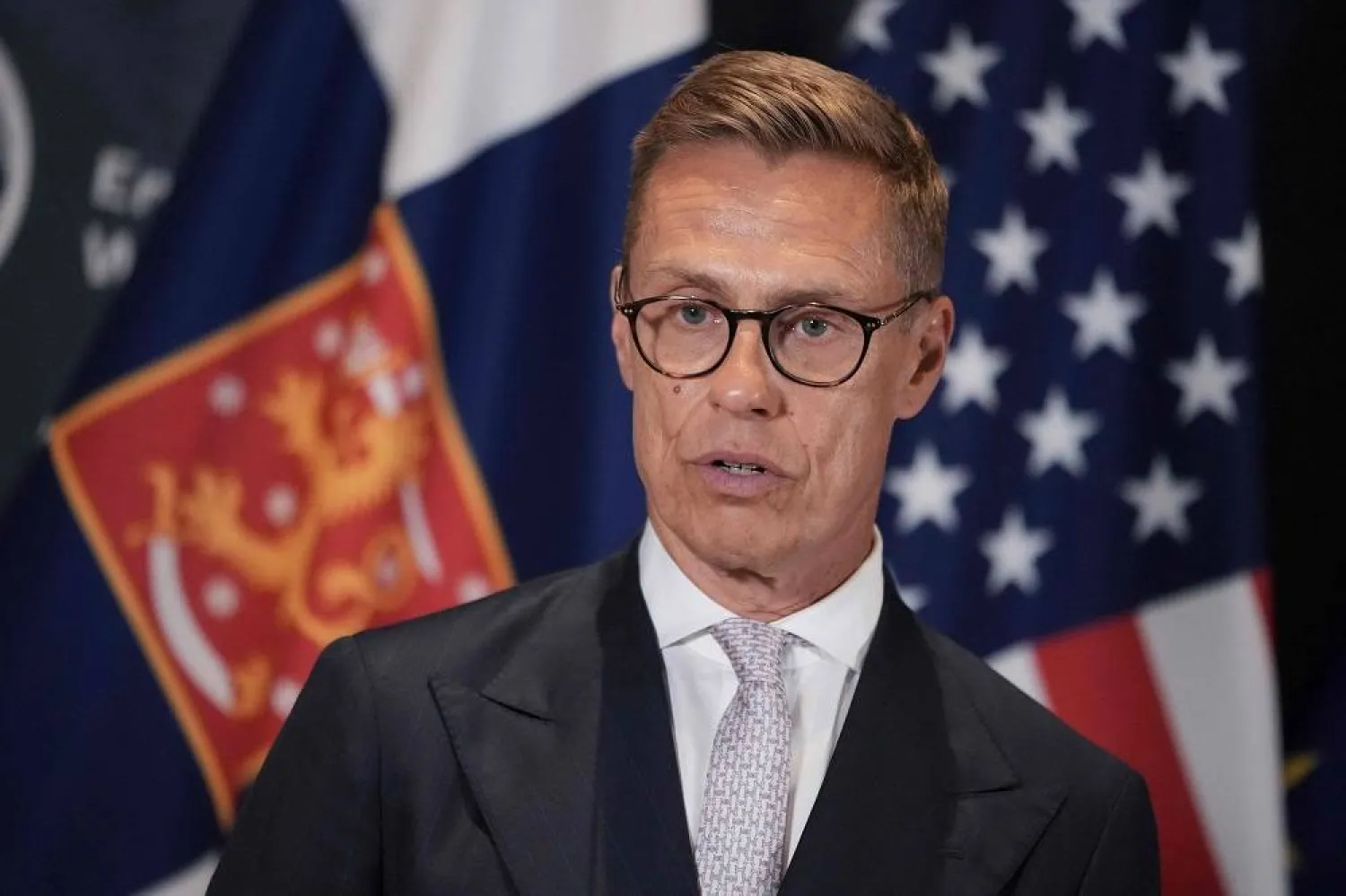 Finnish President Alexander Stubb speaks during a press conference at the Embassy of Finland in Washington, DC, after meeting at the White House with US President Trump, Ukrainian President Volodymyr Zelensky, and European leaders on August 18, 2025. (AFP)