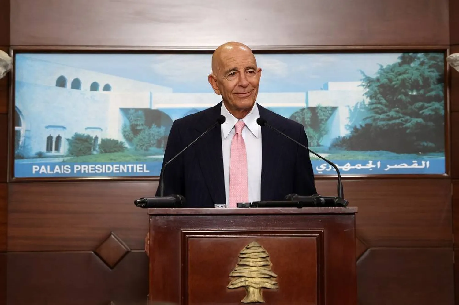 A handout photo made available by the Lebanese Presidency press office shows US Ambassador to Türkiye and Special Envoy for Syria, Tom Barrack, speaking during a news conference following a meeting with Lebanese President Joseph Aoun at the presidential palace in Baabda, east of Beirut, Lebanon, 18 August 2025. (Lebanese Presidency press office) 