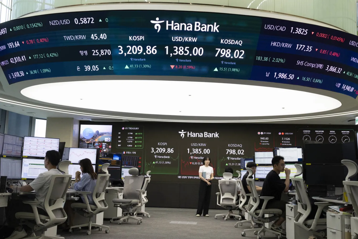 متداولون من كوريا الجنوبية يعملون أمام شاشات في بنك هانا في سيول (إ.ب.أ)