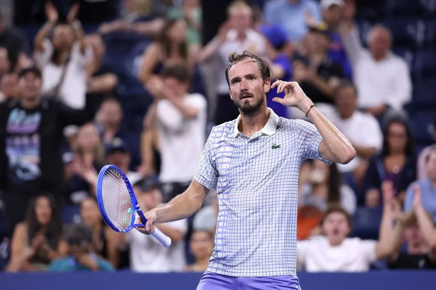 Daniil Medvedev reacts after winning a break point in the fifth set against Benjamin Bonzi of France during their Men's Singles First Round match on Day One of the 2025 US Open at USTA Billie Jean King National Tennis Center on August 24, 2025 in the Flushing neighborhood of the Queens borough of New York City. (Getty Images/AFP)