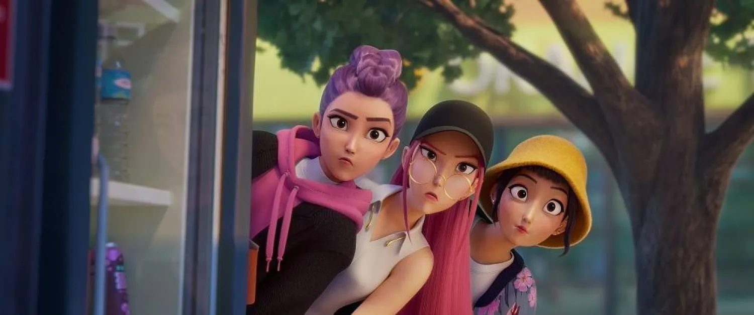 This image released by Netflix shows characters, from left, Rumi, Mira, and Zoey in a scene from "KPop Demon Hunters." (Netflix via AP)