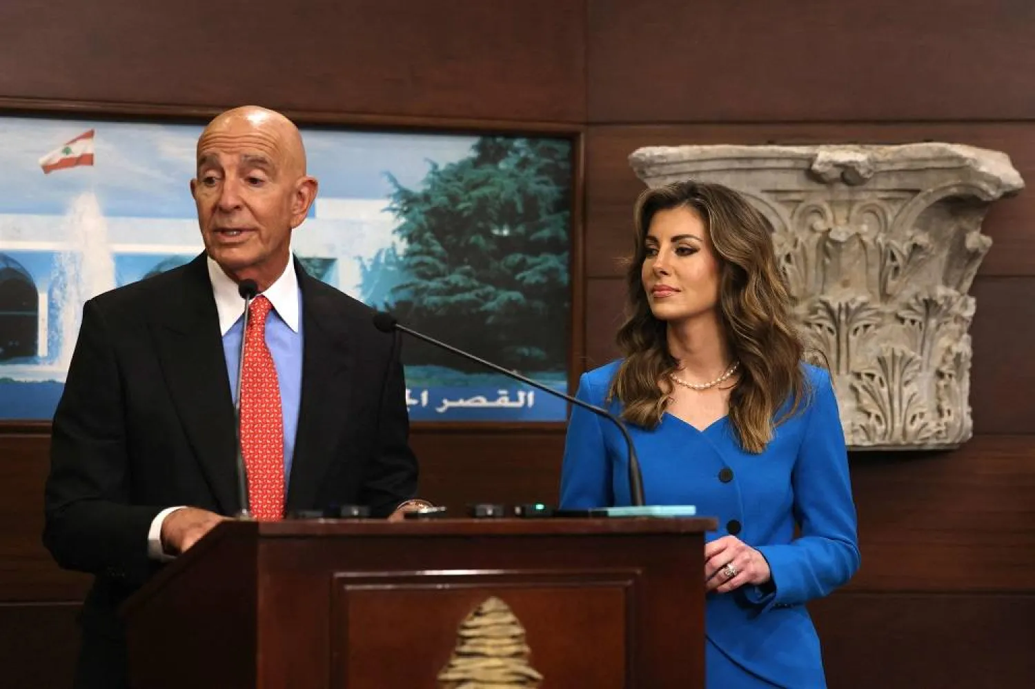 US ambassador to Türkiye and special envoy for Syria Tom Barrack (L) delivers a statement, as he is accompanied by US deputy Middle East envoy Morgan Ortagus, following a meeting with Lebanon's president at the Presidential Palace in Baabda on August 26, 2025. (AFP) 