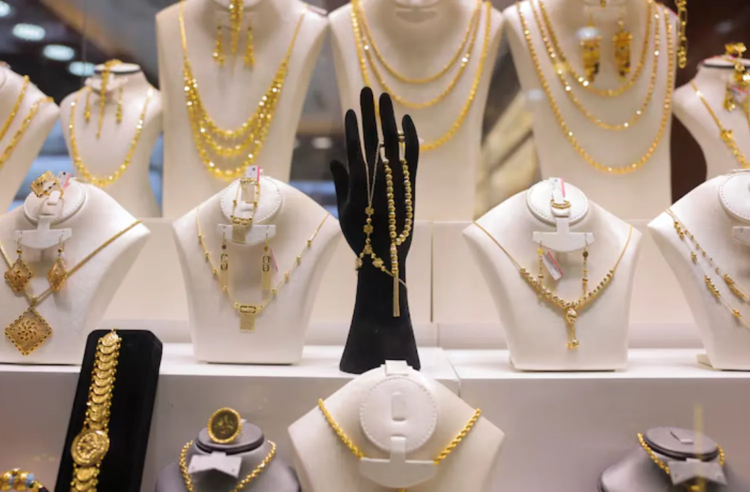 Jewellery is displayed at the Gold Souk market in Dubai, United Arab Emirates, March 14, 2025. REUTERS/Amr Alfiky/ File Photo 