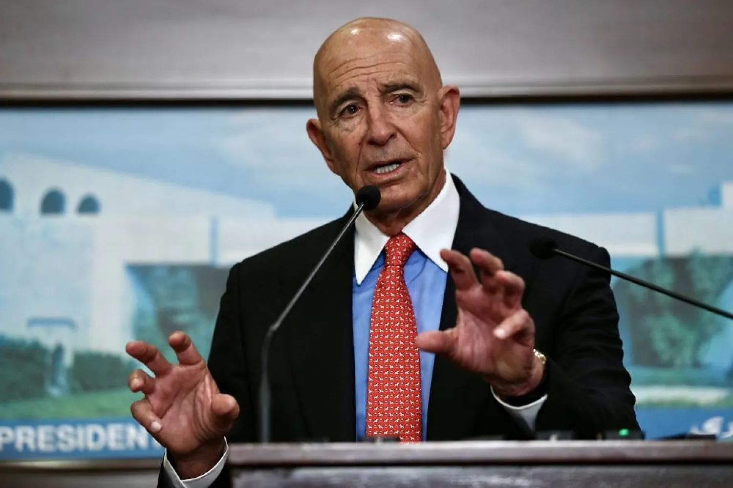 US Ambassador to Türkiye and Special Envoy to Syria Tom Barrack speaks during a news conference following a meeting with Lebanese President Joseph Aoun at the presidential palace in Baabda, east of Beirut, Lebanon, 26 August 2025. (EPA) 