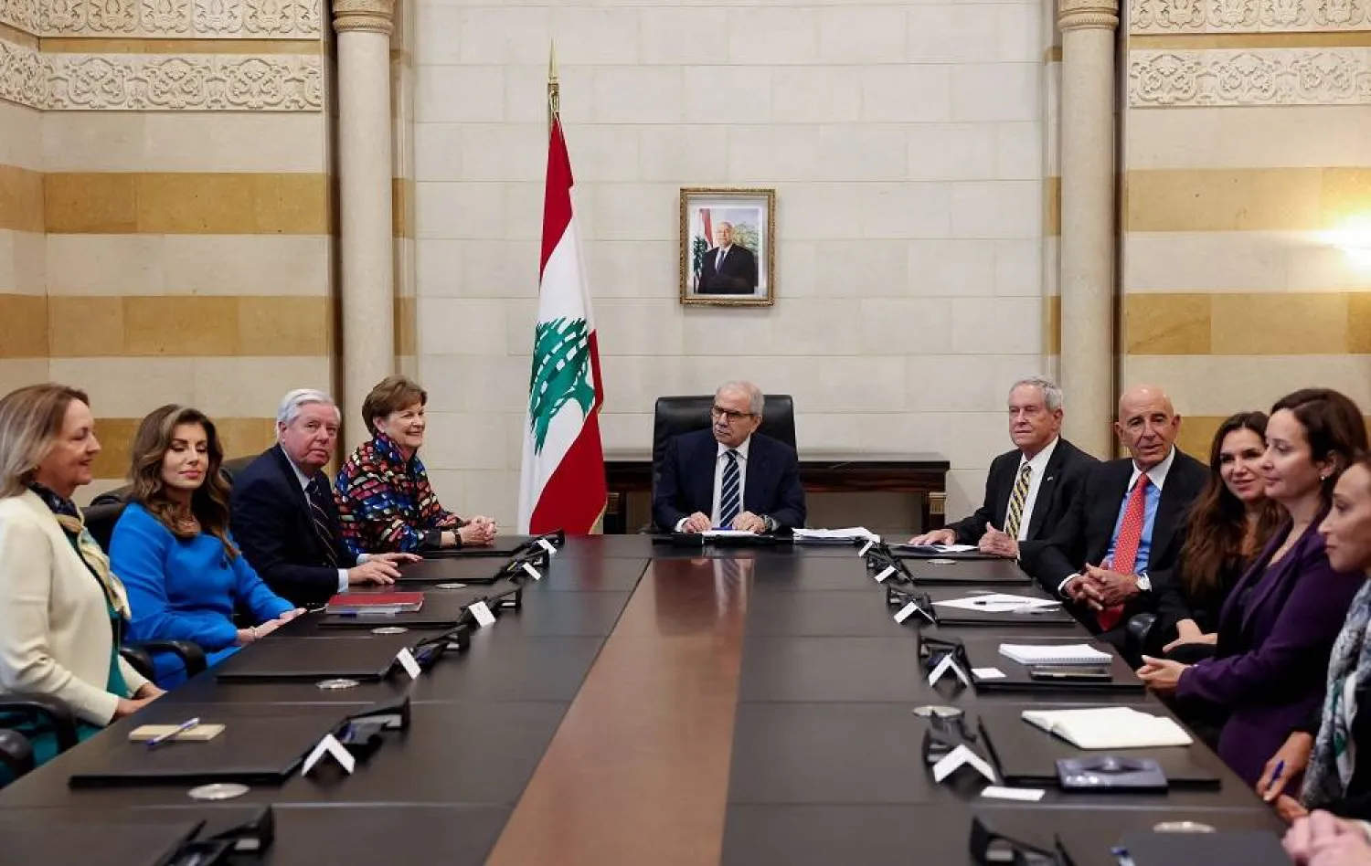 US Ambassador to Türkiye and special envoy for Syria Thomas Barrack and US Deputy Special Presidential Envoy to the Middle East Morgan Ortagus along with US Senators and officials meet with Lebanese Prime Minister Nawaf Salam, in Beirut, Lebanon, August 26, 2025. (Reuters) 