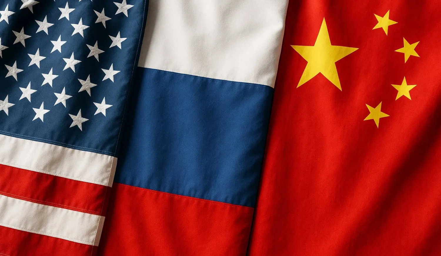 صورة مدمجة تجمع أعلام أميركا وروسيا والصين (الشرق الأوسط)