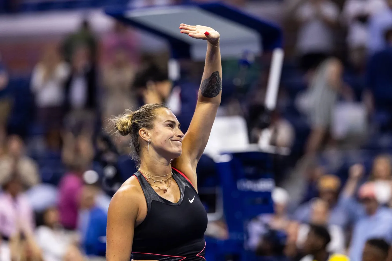Aug 27, 2025; Flushing, NY, USA; Aryna Sabalenka of Belarus celebrates her victory over Polina Kudermetova of Russia in the second round of the women’s singles at the US Open at Arthur Ashe Stadium in Billie Jean King National Tennis Center. Mandatory Credit: Mike Frey-Imagn Images