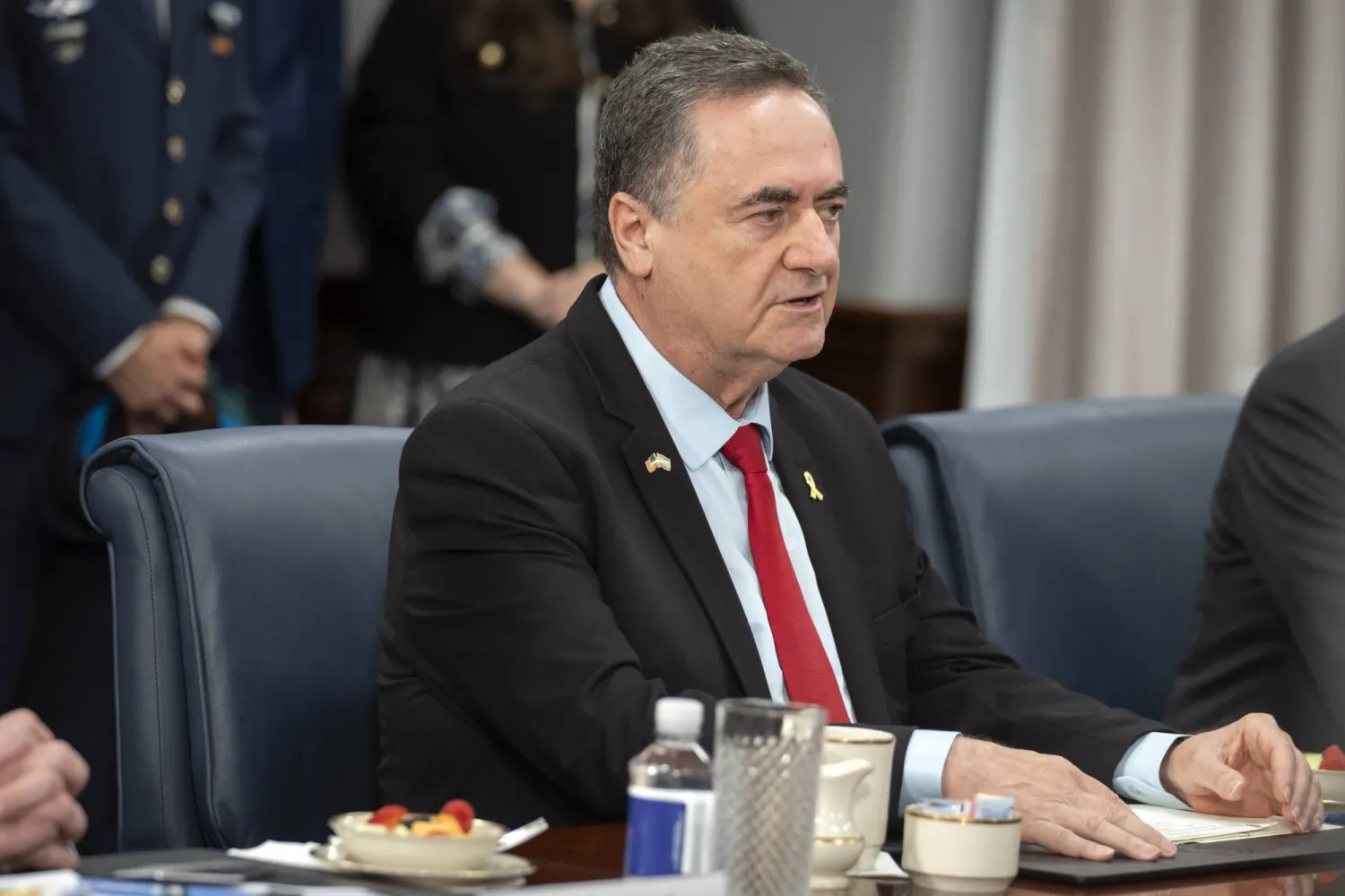 FILE - Israeli Defense Minister Israel Katz speaks during a meeting with US Secretary of Defense Pete Hegseth at the Pentagon on July 18, 2025, in Washington. (AP Photo/Mark Schiefelbein, File)