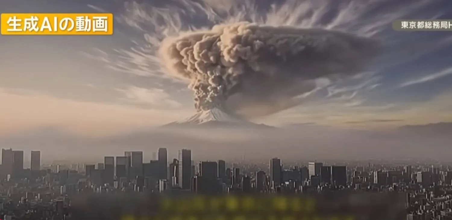 لقطة من الفيديو المنشأ بتقنية الذكاء الاصطناعي يُظهر ثوران بركان فوجي الياباني (يوتيوب)