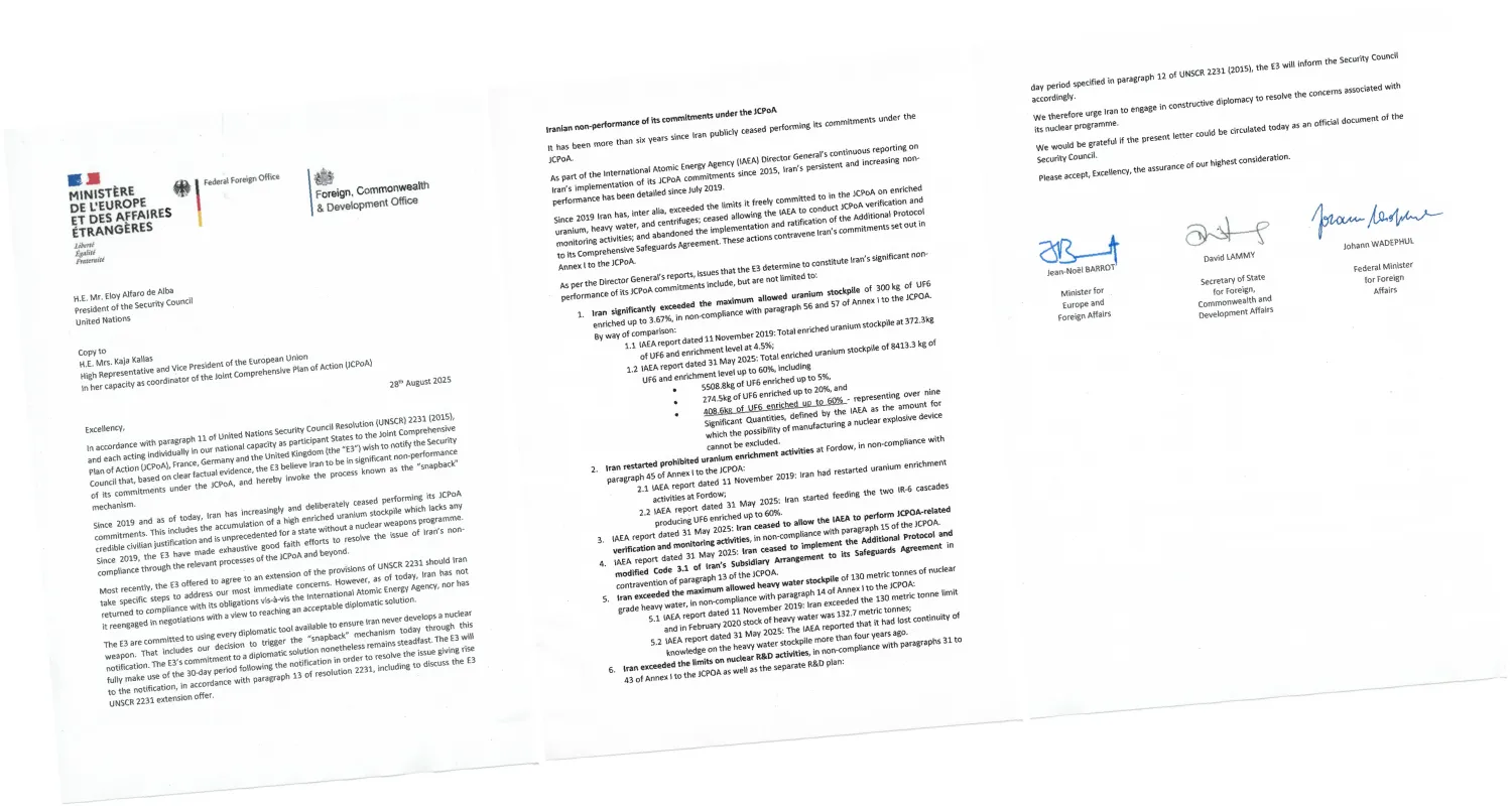 صورة من رسالة بعثت بها الترويكا الأوروبية إلى مجلس الأمن بشأن طلب إعادة تفعيل العقوبات الأممية على إيران