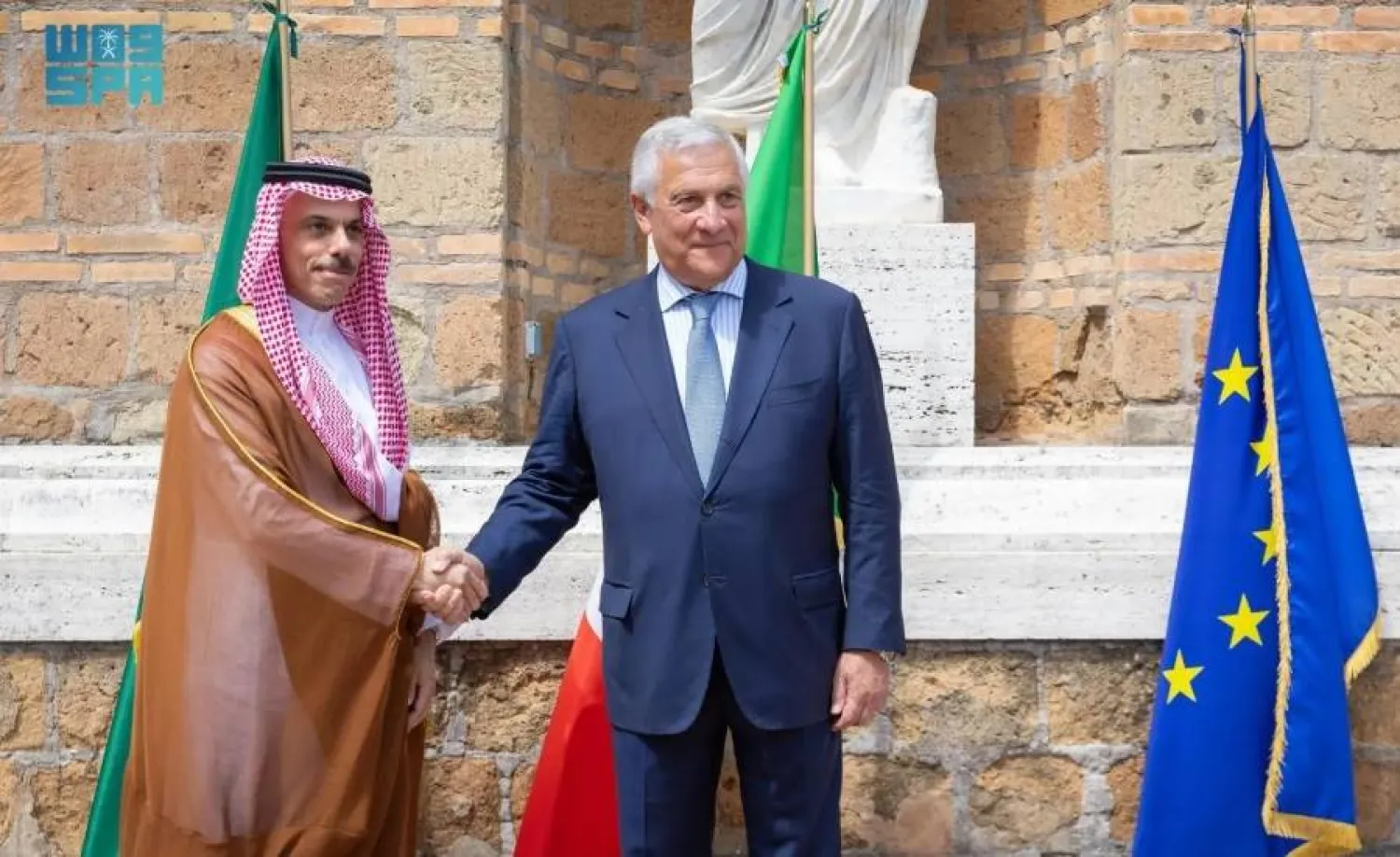 Saudi Minister of Foreign Affairs Prince Faisal bin Farhan bin Abdullah met with Italian Deputy Prime Minister and Minister of Foreign Affairs Antonio Tajani in Rome on Thursday. SPA