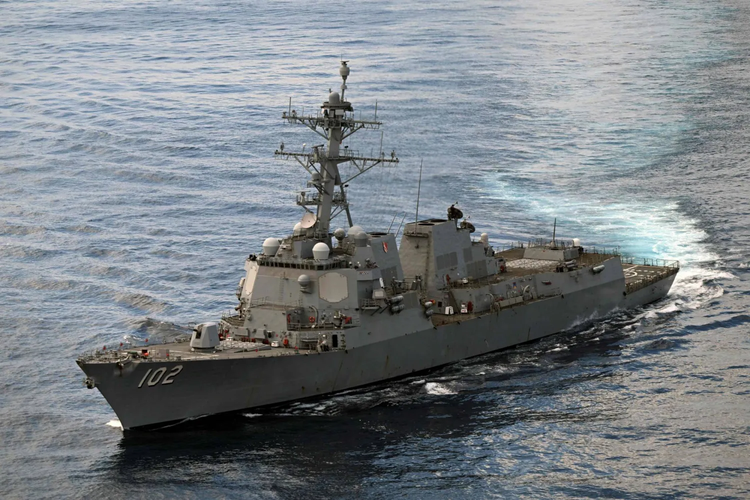 (FILES) The guided-missile destroyer USS Sampson sails near the Colombian coast in the Pacific Ocean on June 29, 2024. (Photo by JOAQUIN SARMIENTO / AFP)