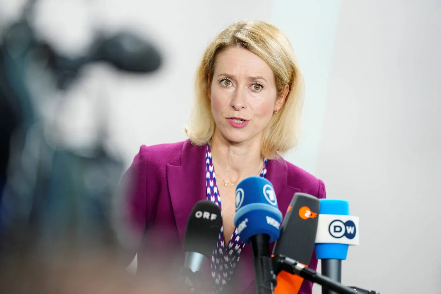 EU High Representative of Foreign Affairs and Security Policy Kaja Kallas speaks during a doorstep before informal EU defense ministers meeting at Forum, in Copenhagen, Denmark, August 29, 2025. Thomas Traasdahl/Ritzau Scanpix/via REUTERS    
