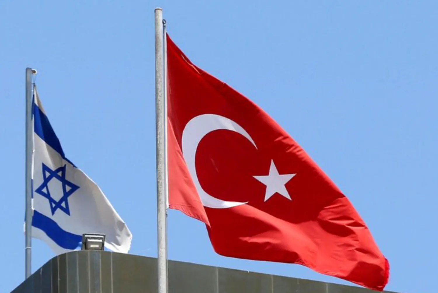A Turkish flag flutters atop the Turkish embassy as an Israeli flag is seen nearby, in Tel Aviv, Israel June 26, 2016. REUTERS/Baz Ratner/File Photo 