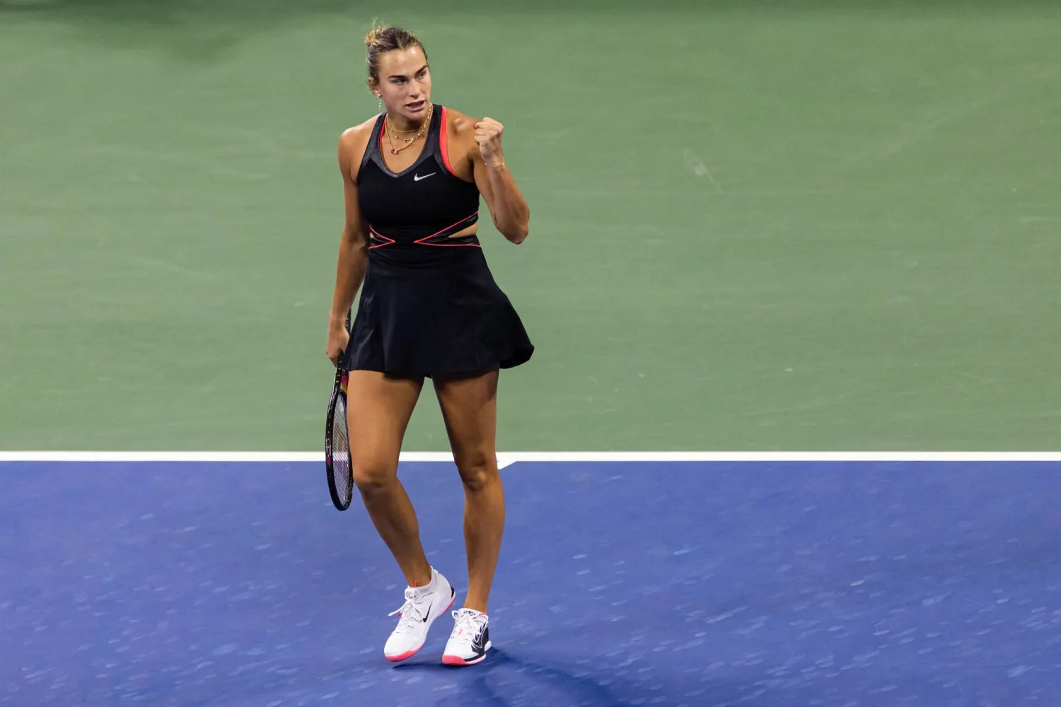Aug 29, 2025; Flushing, NY, USA; Aryna Sabalenka of Belarus in action against Leylah Fernandez of Canada in the third round of the women’s singles at the US Open at Louis Armstrong Stadium in Billie Jean King National Tennis Center. Mandatory Credit: Mike Frey-Imagn Images