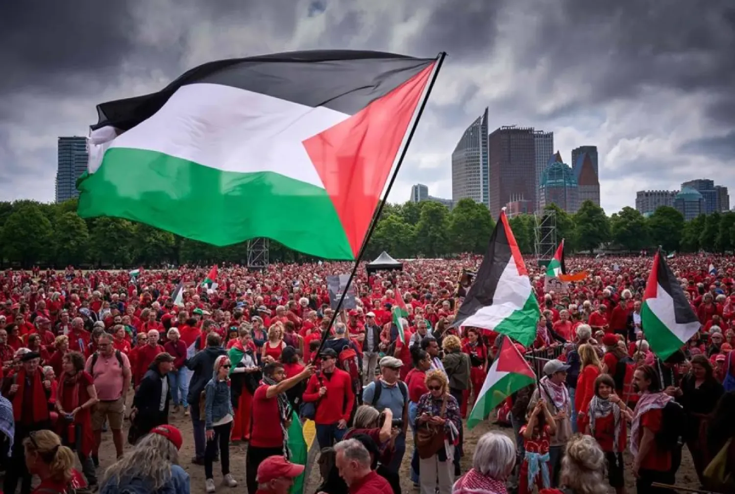 Thousands of people, some waving the Palestinian flag, gather against the Dutch government's Israel policy, as they protest on Malieveld, in The Hague on May 18, 2025. (AFP)
