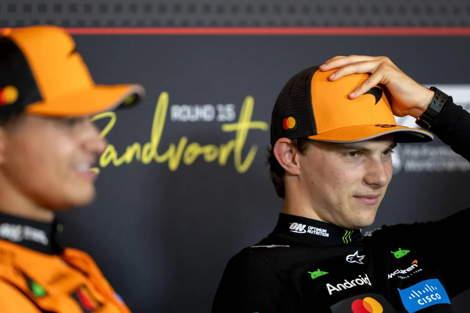 McLaren driver Lando Norris of Britain and McLaren driver Oscar Piastri (R) of Australia attend a press conference after the qualifying for the Formula One Dutch Grand Prix at the Zandvoort Circuit, Netherlands, 30 August 2025.   EPA/SANDER KONING