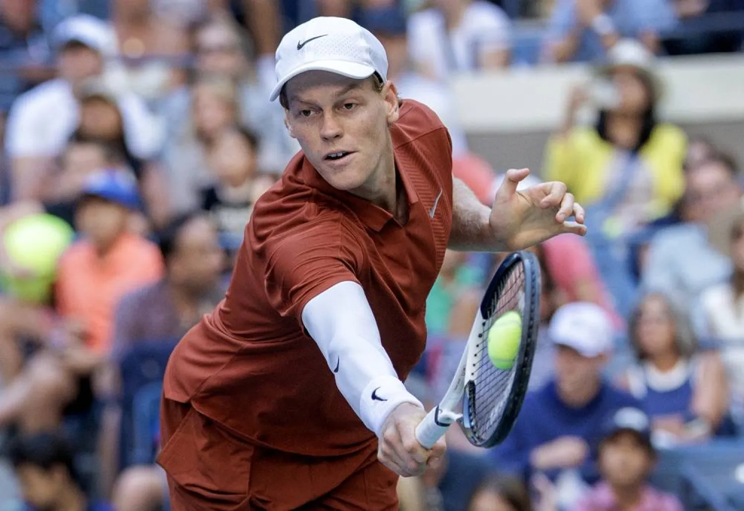 Jannik Sinner of Italy in action against Denis Shapovalov of Canada during their men's singles third round match of the US Open Tennis Championships at the USTA Billie Jean King National Tennis Center in Flushing Meadows, New York, USA, 30 August 2025. (EPA)