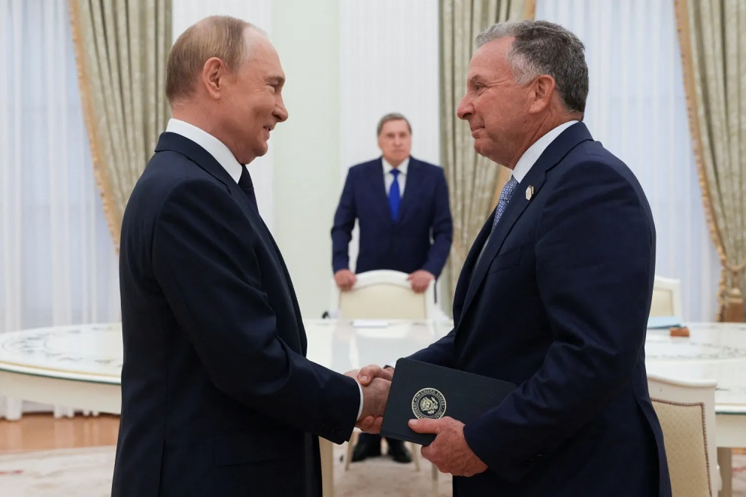 Russian President Vladimir Putin welcomes US President Donald Trump's envoy Steve Witkoff during a meeting in Moscow, Russia August 6, 2025. (Sputnik/Gavriil Grigorov/Pool via Reuters) 