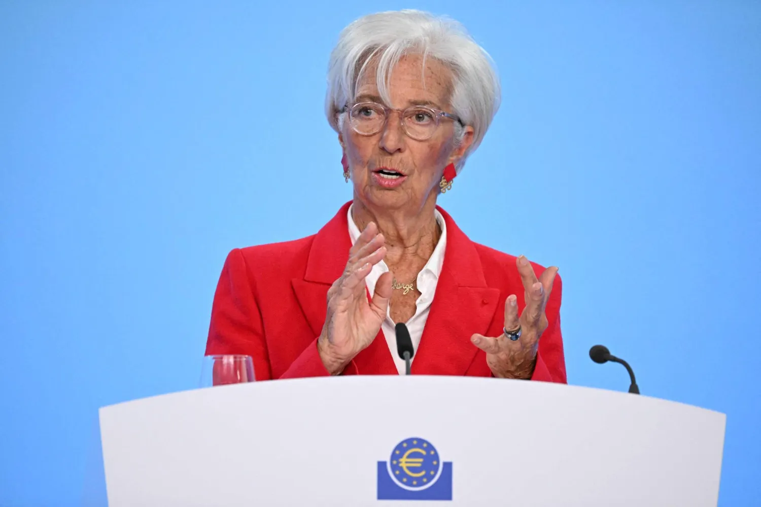 (FILES) European Central Bank (ECB) President Christine Lagarde gestures as she addresses a press conference on the Eurozone's monetary policy, at the central bank's headquarters in Frankfurt am Main, western Germany, on June 5, 2025. (Photo by Kirill KUDRYAVTSEV / AFP)