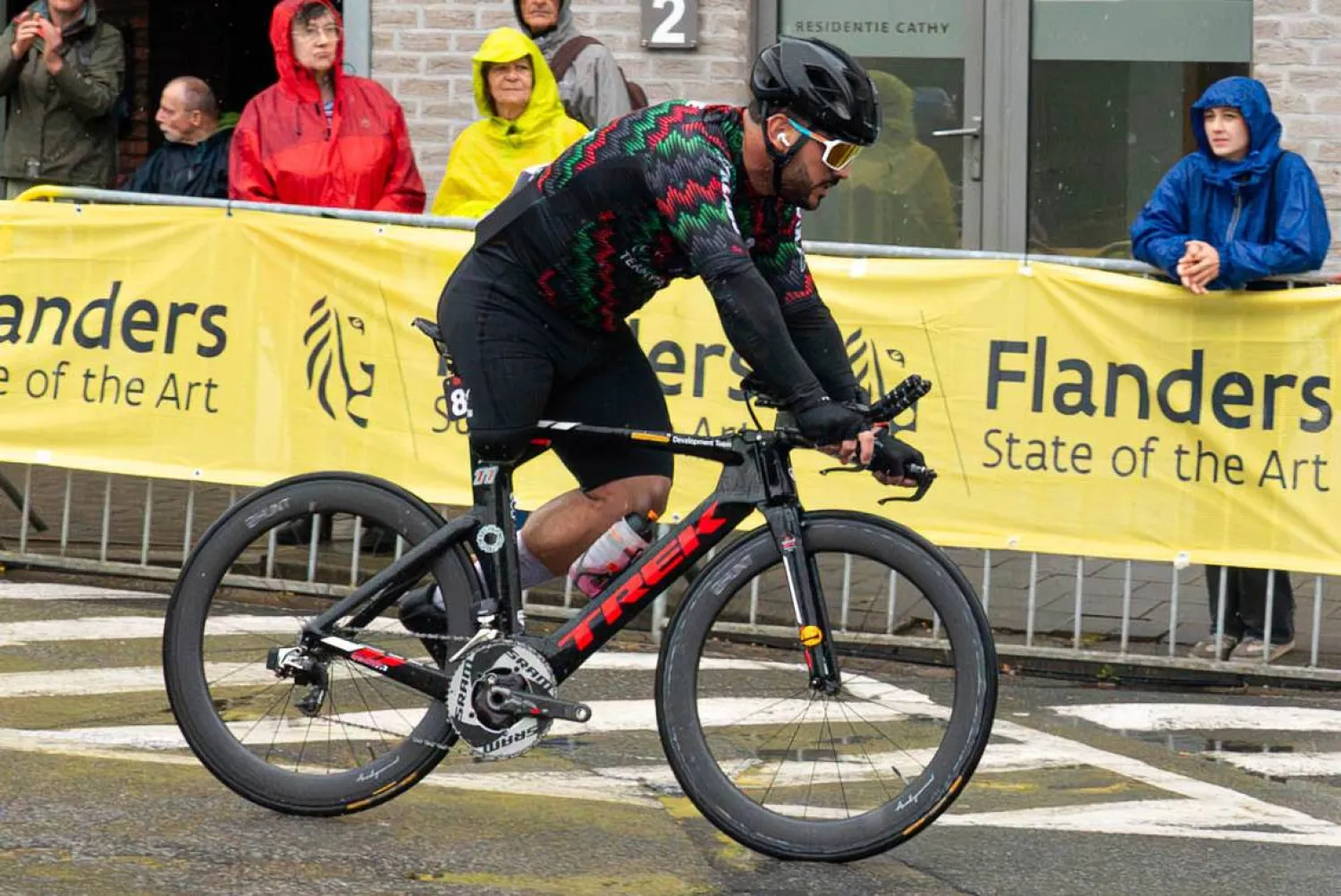  In this photo provided by Peter De Moor, Gaza Sunbirds team co-founder and member Alaa al-Dali rides during his individual time trial at the Para-Cycling Road World Championships for the Palestinian team in Ronse, Belgium, Friday, Aug. 29, 2025. (Peter De Moor via AP)