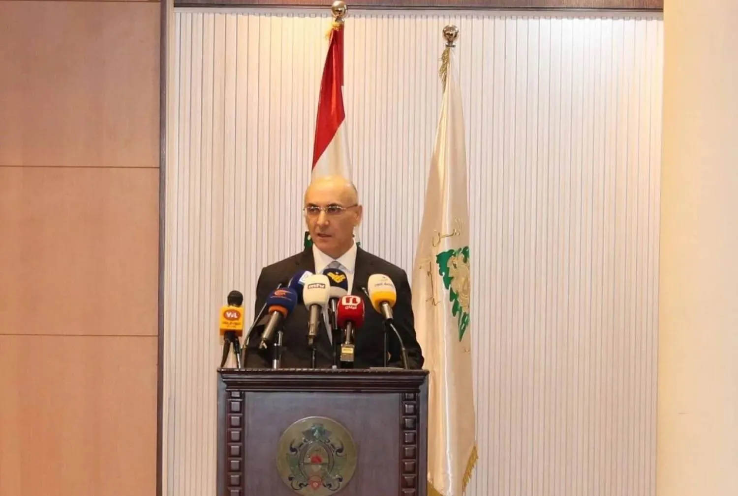 Lebanese Interior Minister Ahmed al-Hajjar speaks at the press conference in Beirut. (Lebanese Interior Ministry) 