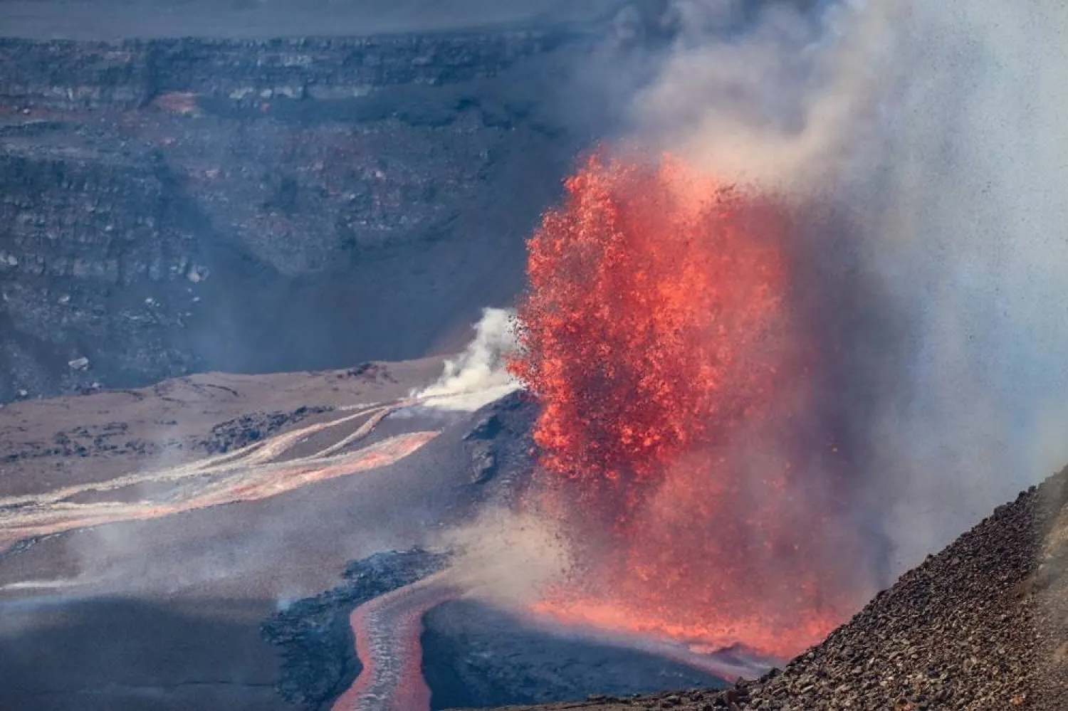 This image released by the US Geological Survey shows the erupting Halemaʻumaʻu crater from the rim of the Kilauea caldera at the summit of the Kīlauea volcano on Tuesday, Sept. 2, 2025, in Hawaii. (C. Cauley/US Geological Survey via AP)