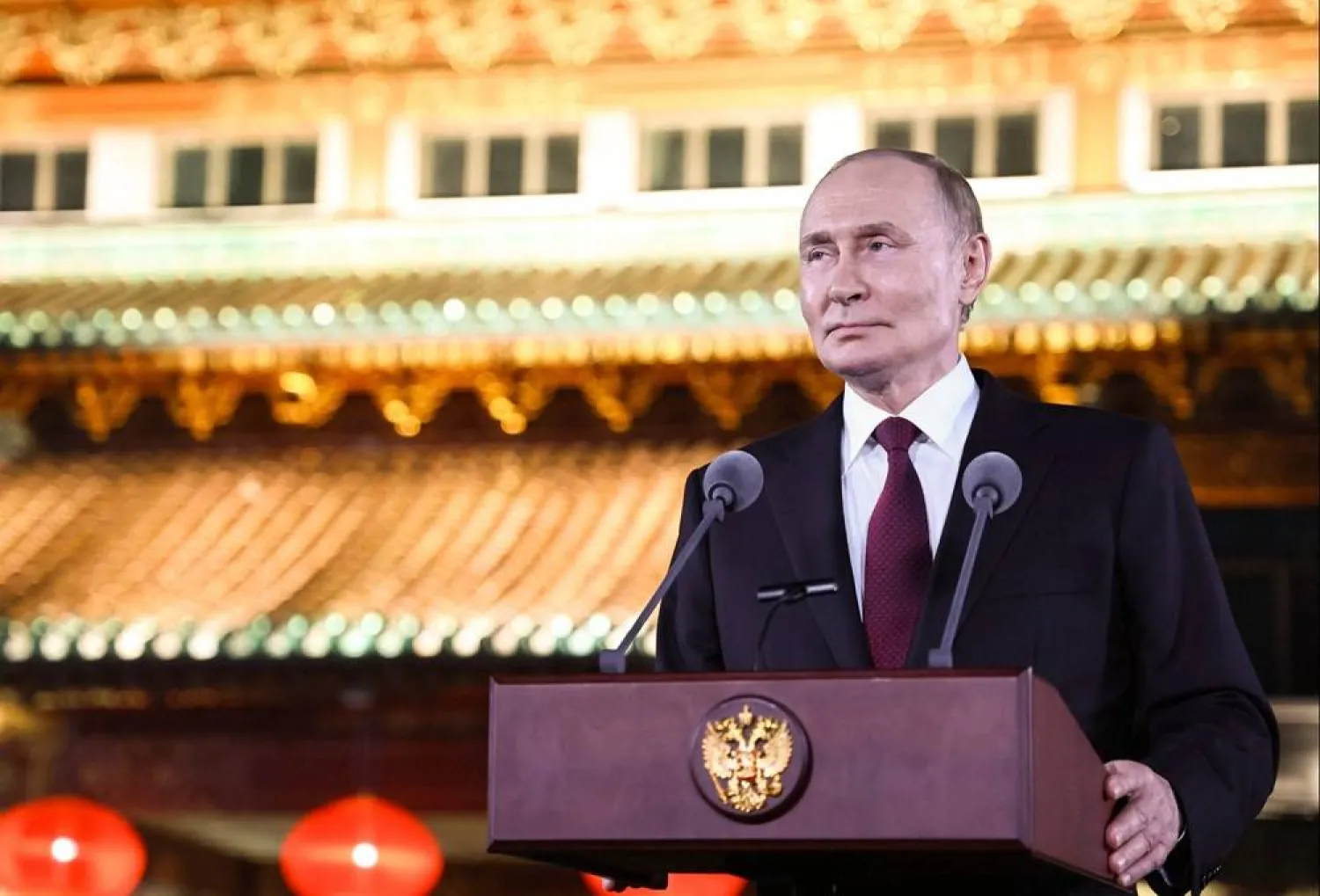 In this pool photograph distributed by the Russian state agency Sputnik, Russia's President Vladimir Putin holds a press conference, at the end of his visit to China for the Tianjin SCO Summit and the military parade to mark the 80th anniversary of the end of World War Two, in Beijing on September 3, 2025. (Alexander Kazakov / Pool / AFP) 