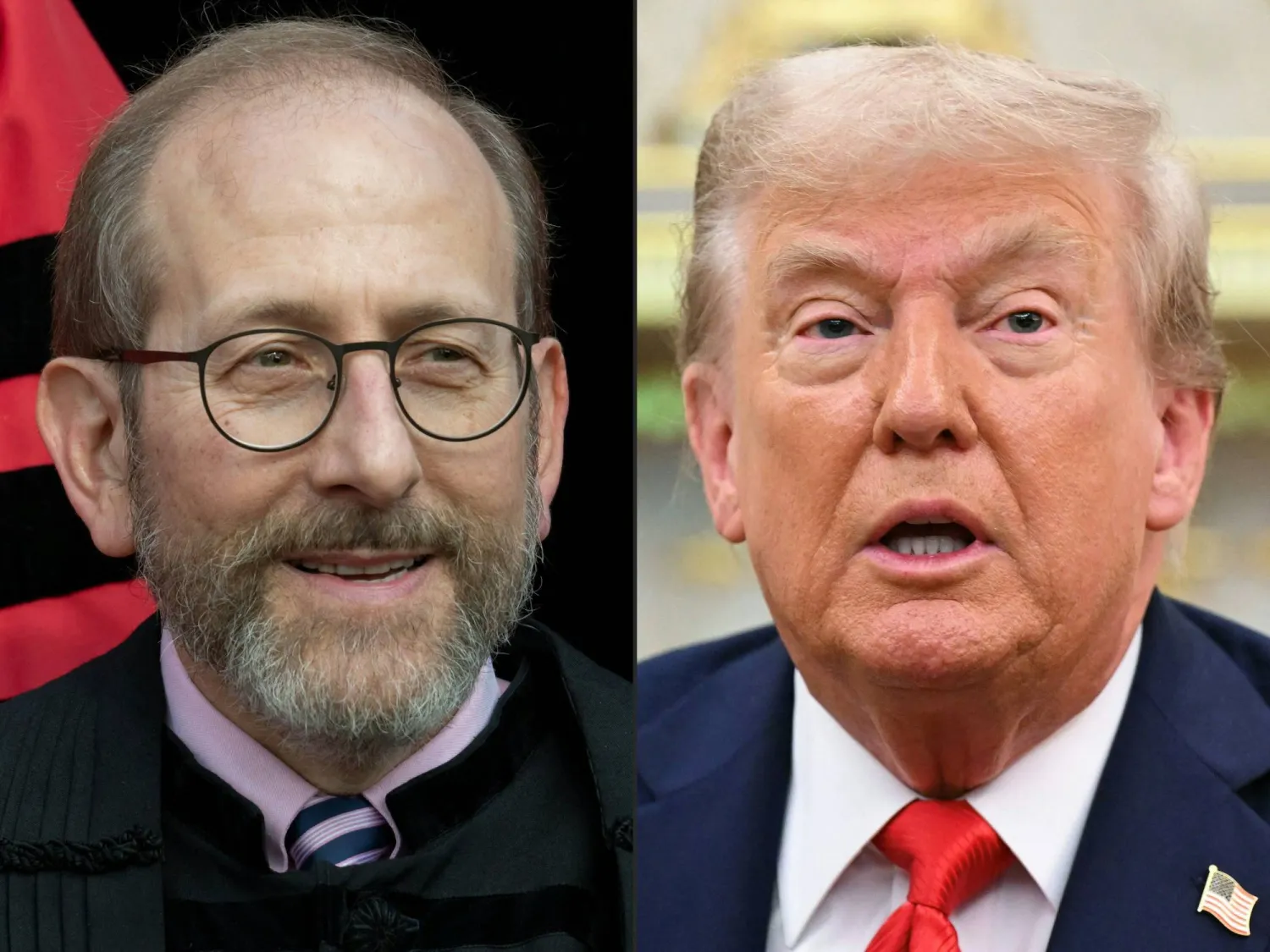 صورتان للرئيس الأميركي دونالد ترمب ورئيس جامعة هارفارد آلان غاربر (أ.ف.ب) 