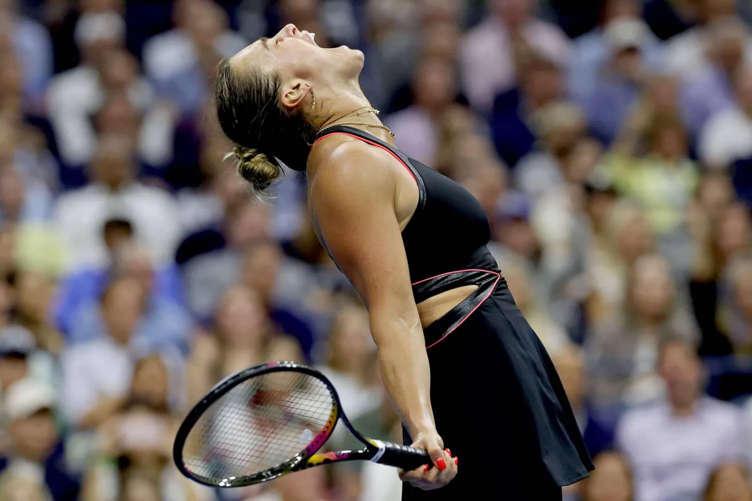 NEW YORK, NEW YORK - SEPTEMBER 04: Aryna Sabalenka celebrates match point against Jessica Pegula of the United States during their Women's Singles Semifinal match on Day Twelve of the 2025 US Open at USTA Billie Jean King National Tennis Center on September 4, 2025 in the Flushing neighborhood of the Queens borough of New York City. Matthew Stockman/Getty Images/AFP