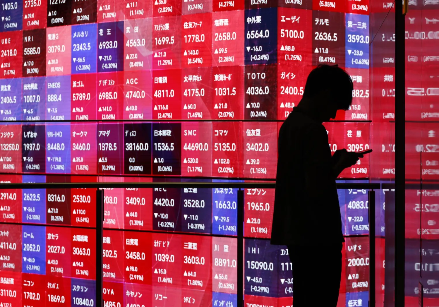 A man is silhouetted in front of a stock market indicator board in Tokyo, Japan, 05 September 2025. EPA/FRANCK ROBICHON