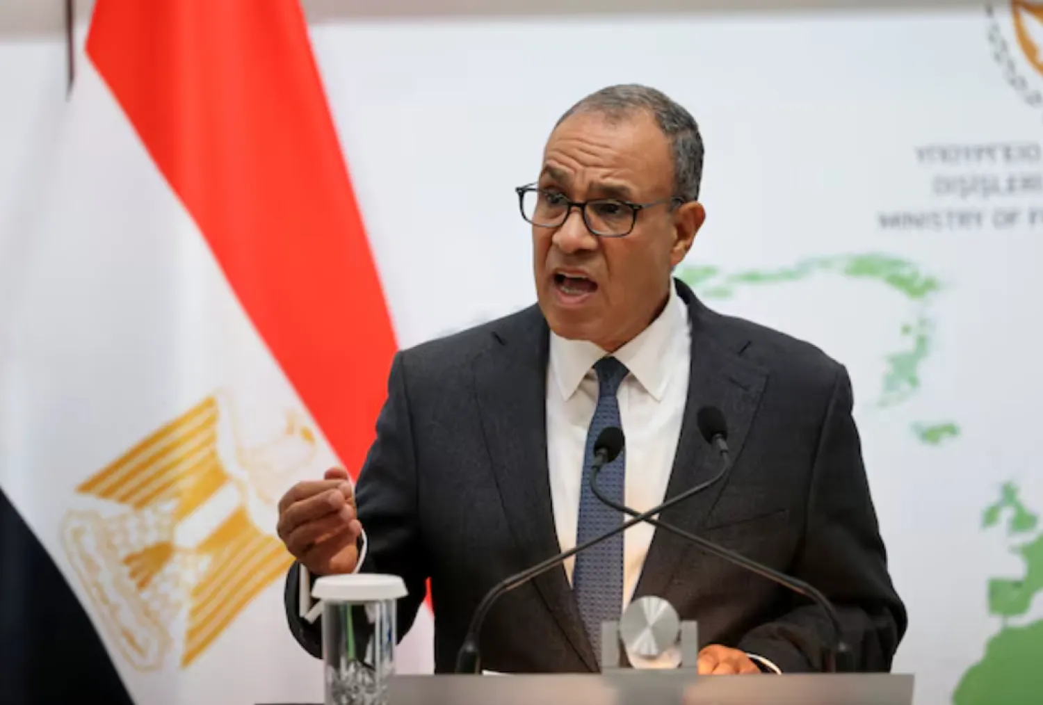 Egyptian Foreign Minister Badr Abdelatty speaks during a press conference with Cyprus Foreign Minister Constantinos Kombos (not pictured) at the Foreign Ministry in Nicosia, Cyprus September 5, 2025. REUTERS/Yiannis Kourtoglou 