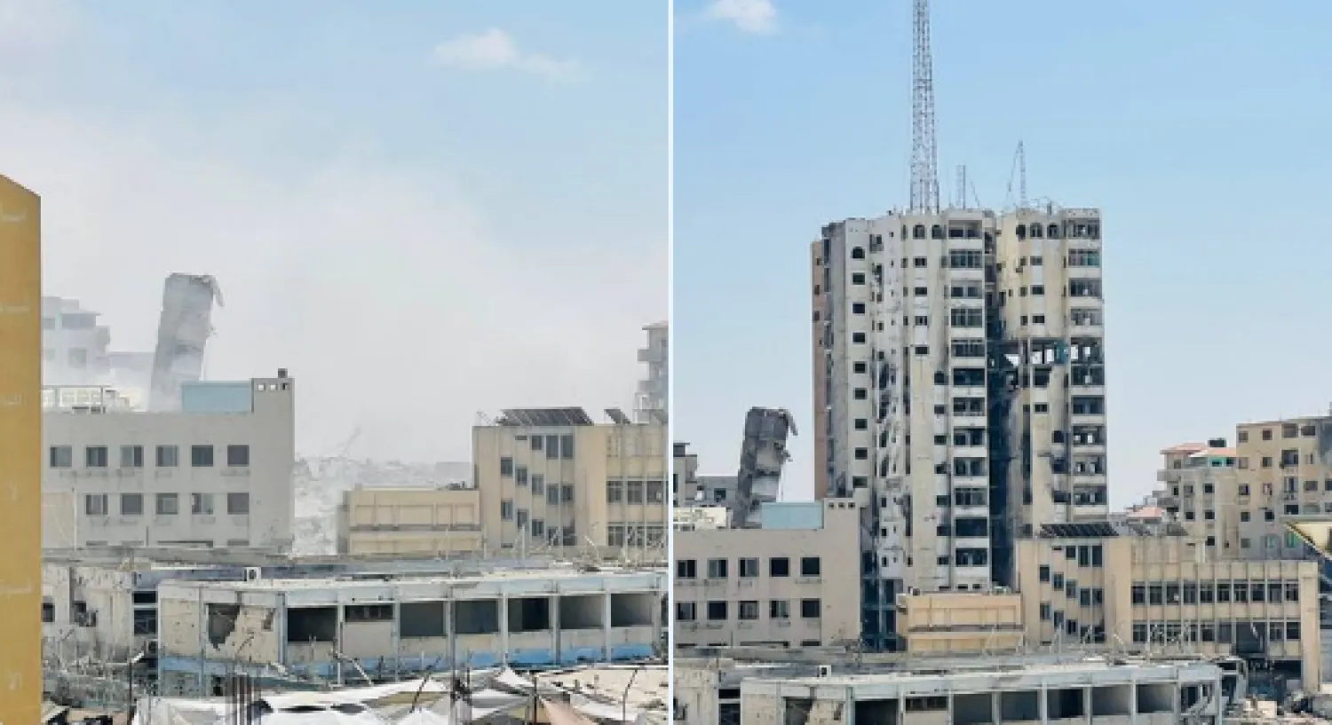 صورتان لبرج السوسي في مدينة غزة قبل وبعد القصف الإسرائيلي (وسائل إعلام فلسطينية)