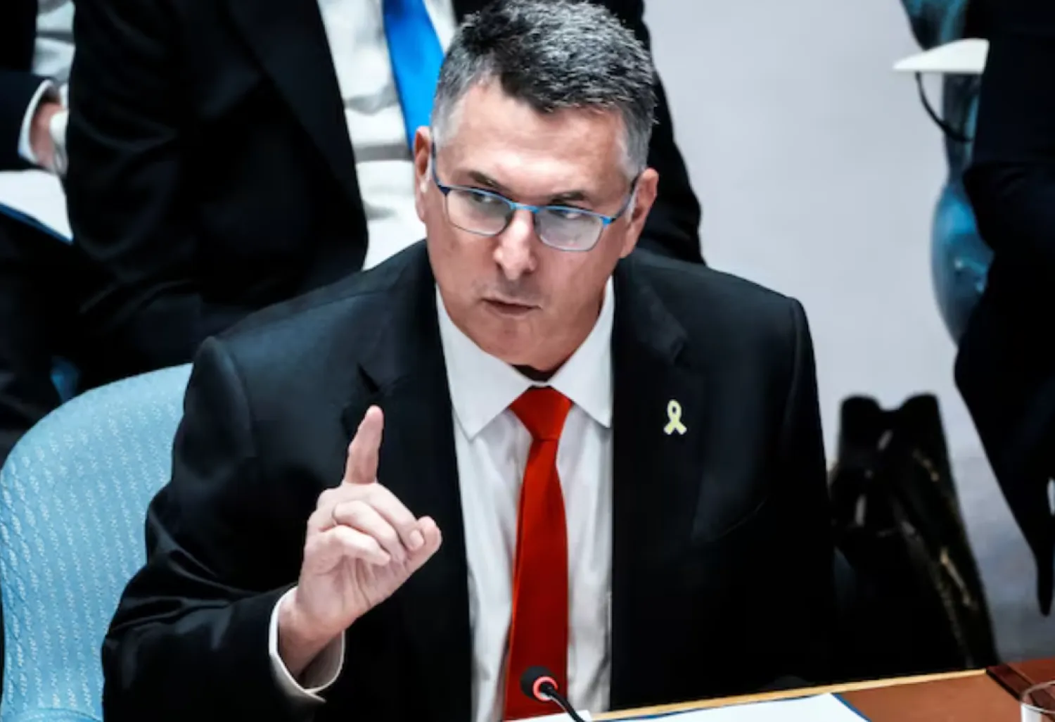 Israeli Foreign Minister Gideon Saar speaks to delegates during a Security Council meeting at UN headquarters in New York City, US, August 5, 2025. REUTERS/Eduardo Munoz/File Photo