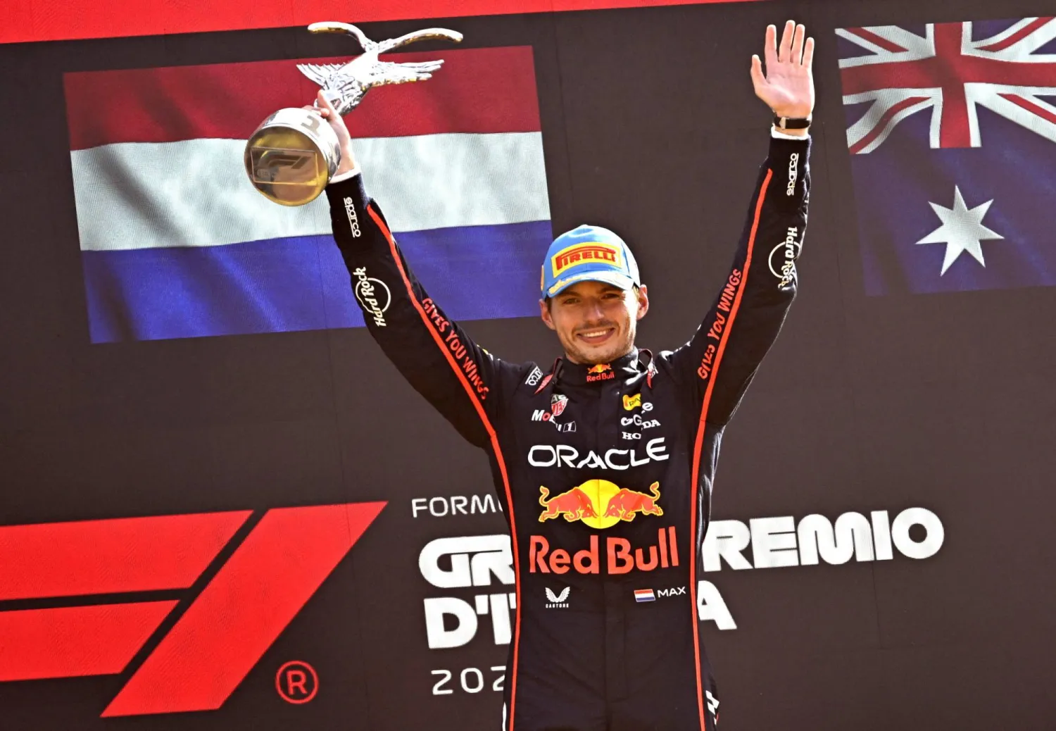 Red Bull Racing driver Max Verstappen of the Netherlands celebrates on the podium after winning the Formula One Grand Prix of Italy in Monza, Italy, 07 September 2025.  EPA/Daniel Dal Zennaro