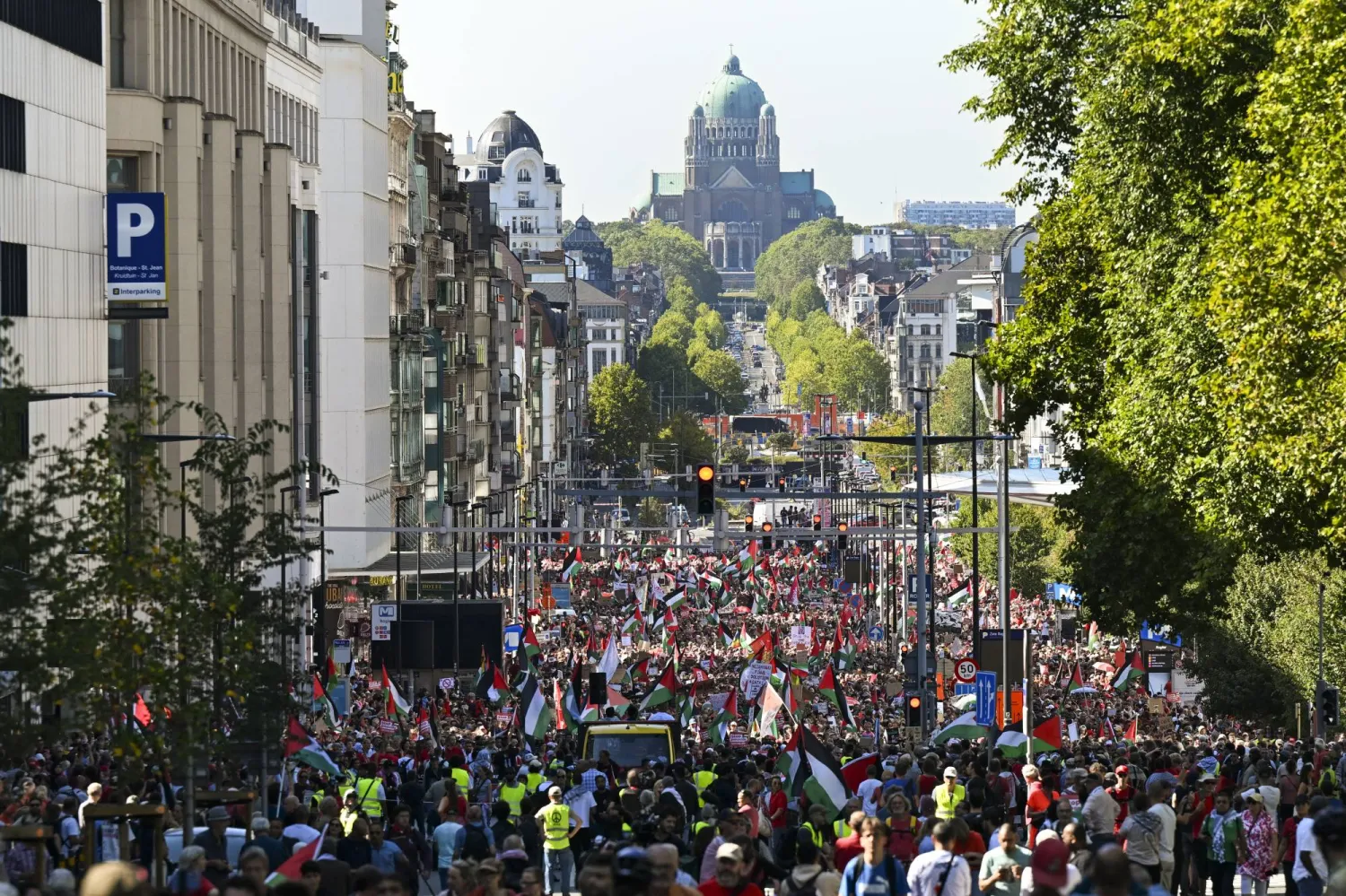 People participate in a 'Draw the red line for Gaza' protest against Israel's military operations in the Gaza Strip and in support of the Palestinian people, in Brussels, Belgium, 07 September 2025. EPA/FREDERIC SIERAKOWSKI
