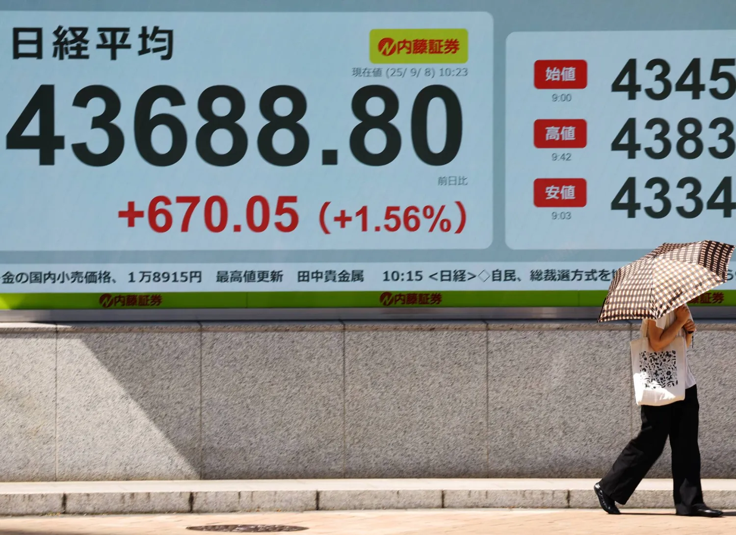 امرأة تعبر أمام لوحة عرض أسعار الأسهم التي تُظهر متوسط ​​مؤشر نيكاي في طوكيو (رويترز)