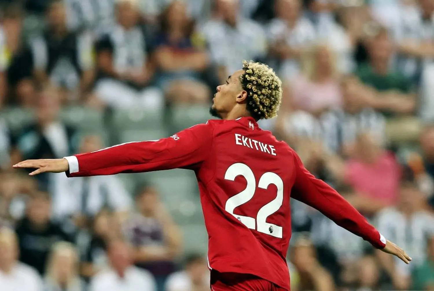 Football - Premier League - Newcastle United v Liverpool - St James' Park, Newcastle, Britain - August 25, 2025 Liverpool's Hugo Ekitike celebrates scoring their second goal. (Reuters)
